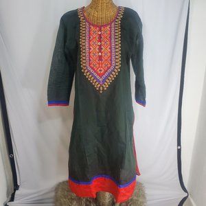 Libaas 100% Cotton Indian Kurti/Kurta /Kameez Green with Red/Blue Tunic SZ XXL